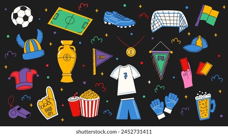 Set of football stickers. Soccer element collection. Sports objects, ball, sneakers, gates, sports uniforms, gloves, flags, medals, awards, prizes, football field, beer, popcorn and soda, fan hats.