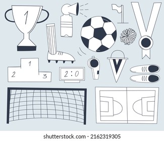 Set of football symbols in linear style. Objects of a sports game with a ball on the grass. Flat illustration. Eps10