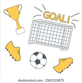 Set of football themed icons on a white background. Football ball, boots, goal and football cup. Cartoon vector illustration for print, activity book, children's entertainment. Popular sport