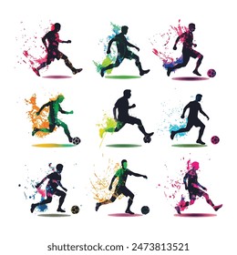 set of football,soccer colorful drawn players silhouette vector Illustration