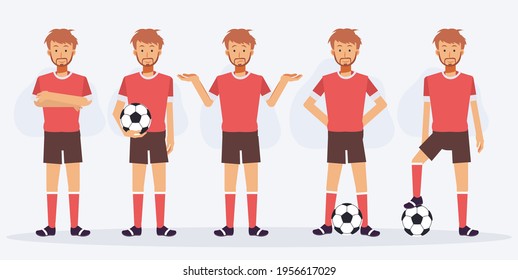 Set of football,soccer player characters showing different actions. flat vector cartoon character illustration