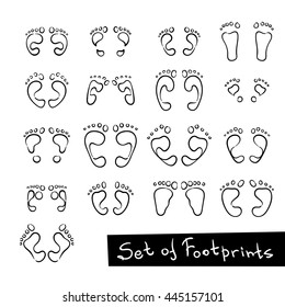 Set of Footprint Doodle Icons, human footstep. Vector collection.