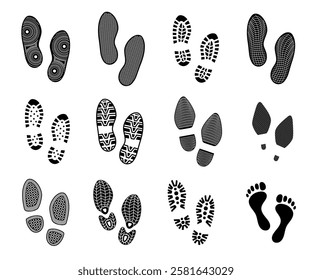 Set of footprints. Men and women foot prints. Barefoot and shoes traces. Silhouette of sneakers and boots. Casual and formal footwear. Flat vector collection isolated on dark background