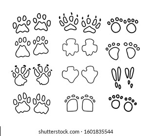 Set Of Footprints Pets In Doodle Style. Vector Outline Illustration. Collection Of Paws Of Hippo,lion,rhino,bear,hare, Tiger. Black And White Vector Illustration Of Animal Sloths.Tattoo, Print School.