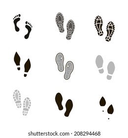 Set of footprints and shoeprints icons in black, gray and white showing bare feet and the imprint of the soles with the differing patterns of male and female footwear with shoes  boots and high heels