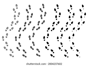 Set of footprints of shoes. Collection of sole mark  from human shoes. Hiking trace. Vector illustration of step on white background. 