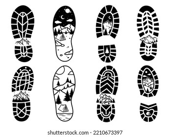 Set of footprints of shoes with natural landscape. Сollection of sole  from human shoes with mountain scene, camping, etc. Walking track. Step vector illustration isolated on white background.