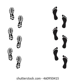 Set of footprints and shoes, vector