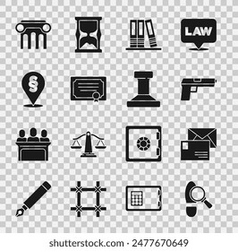 Pisos, Sobre, Pistola o pistola, Carpetas de oficina, Plantilla de certificado, Ley de Locación, Pilar de ley e Icono de sello. Vector