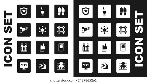 Set Footsteps, Hexagram sheriff, Police electric shocker, badge, Prison window, Walkie talkie, with id case and Bulletproof vest icon. Vector