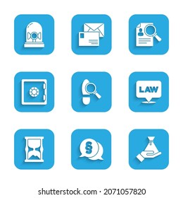 Set Footsteps, Law, Bribe money bag, Location law, Old hourglass, Safe, Paper analysis magnifying and Flasher siren icon. Vector