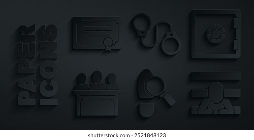 Ícone do modelo Definir Passos, Cofre, Jurados, Prisioneiro, Algemas e Certificado. Vetor