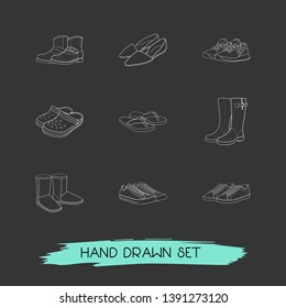 Set of footwear icons line style symbols with wellington boots, frye boots, dorsay shoes and other icons for your web mobile app logo design.