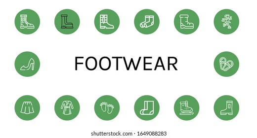 Set of footwear icons. Such as Boot, Boots, Socks, Shoes, Ice skate, Skirt, Bathrobe, Feet, Valenki, Ice skating, High heels, Sandals , footwear icons