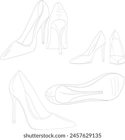 Set of footwear and Shoes, high heels line Art Illustration