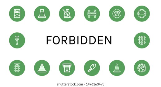 Set of forbidden icons such as Cigarette, Cone, No spray, Barrier, No pets, No entry, Traffic light, Blinds, Weapon, overtaking, Traffic lights , forbidden