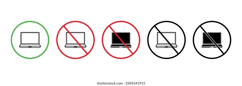 Set of  Forbidden No Electronic Devices Allowed icon collection. Laptop Usage Prohibition symbol. Vector Illustration.