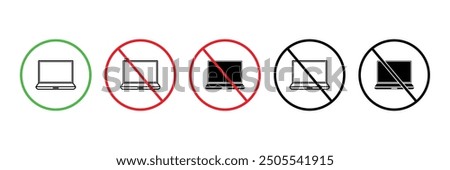 Set of  Forbidden No Electronic Devices Allowed icon collection. Laptop Usage Prohibition symbol. Vector Illustration.