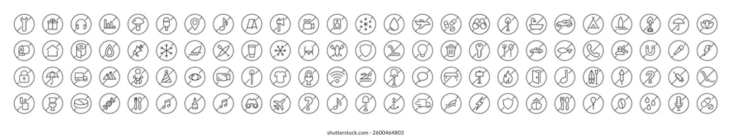 Set of Forbidden Related Line Icons. Outline Signs for Graphic and Web Design, Apps, Adverts, Various Cards
