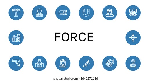 Set of force icons. Such as Stun gun, Soldier, Magnet, Policewoman, Eagle, Gun, Fortification, Assault rifle, Turbo, Military base, Center of gravity , force icons