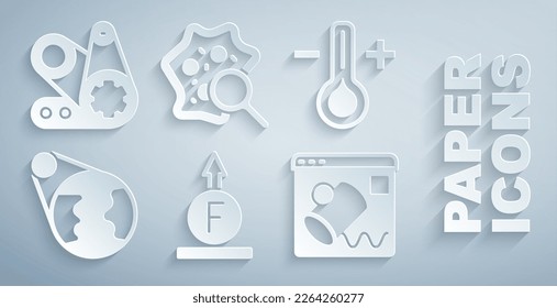 Set Force of physic formula, Thermometer, Earth globe, Data visualisation, Microorganisms under magnifier and Timing belt kit icon. Vector