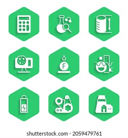 Set Force of physic formula, Timing belt kit, Power station plant, Basic geometric shapes, Battery, Genetic engineering, Height geometrical figure and Calculator icon. Vector