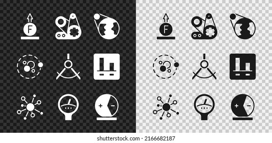 Set Force of physic formula, Timing belt kit, Earth globe, Molecule, Gauge scale, Atom,  and Drawing compass icon. Vector