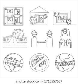Set of forced quarantine, self-isolation. Doodle vector illustration. Coronavirus quarantine preventive measures. Stay home.Work in home.	
