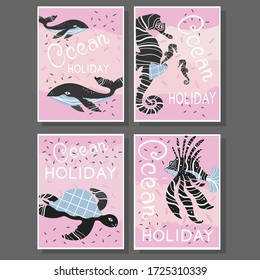 Karten mit dem Text "Ocean Holiday" und Meerestiere. Vector-Abbildung. Wale, Seepferdchen, Löwenfische, Schildkröten. Buchstaben, rosa Hintergrund. Poster, Brief, Glückwunsch.