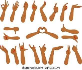 Set of forearm hands of female African ethnicity human in different action gestures