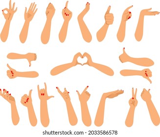 Set of forearm hands of female human in different action gestures