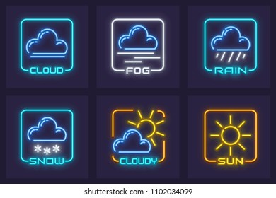 Set of forecast weather neon icons. Clouds, fog, rain, snow and sun. EPS10 vector illustration.