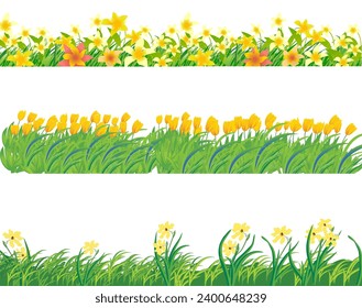 Set of foregrounds with yellow flowers for design elements. Vector illustration isolated on white.