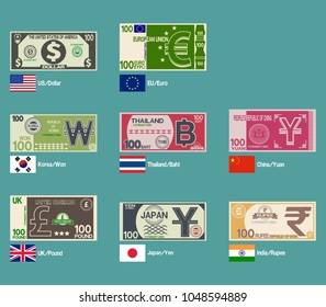 Set of foreign banknote design on transparent background
