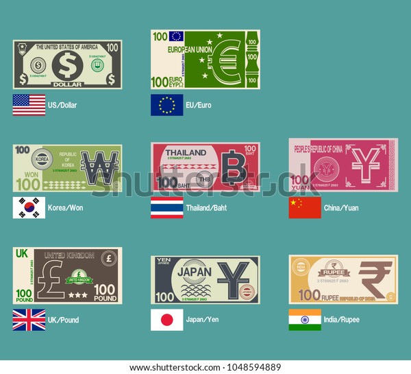 Set of foreign banknote design on\
transparent background\

