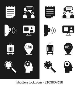 Set Foreign language online study  Ear listen sound signal  Notebook  Two sitting men talking  Suitcase  Alphabet  Head and gear inside   Magnifying glass icon  Vector