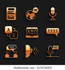 Set Foreign Language Online Study, Ear Listen Sound Signal, Microphone Voice Device, Speech Bubbles With Question, Two Sitting Men Talking, Vocabulary,  And Exam Sheet Icon. Vector