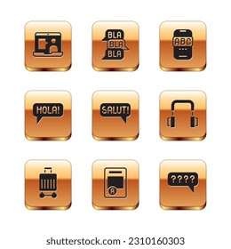 Set Foreign language online study, Suitcase, Exam sheet with A plus grade, Salut different languages, Hola, Speech bubbles Question and chat icon. Vector