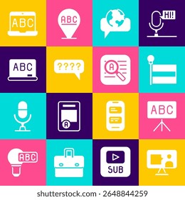 Set Foreign language online study, Chalkboard, Flag, Learning foreign languages, Speech bubbles with Question,  and Translator icon. Vector