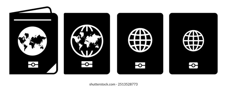 Conjunto de ícones planos do modelo de passaporte estrangeiro, em fundo transparente, ilustração vetorial de design plano, conceito de viagem e viagem. IA NÃO GERATIVA