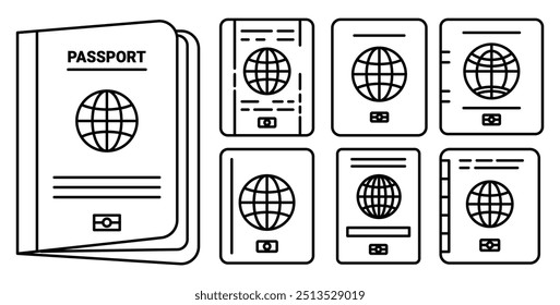 Conjunto de ícones de linha de modelo do Passaporte Estrangeiro, em plano de fundo transparente, ilustração vetorial de design de linha, conceito de viagem e viagem. IA NÃO GERATIVA