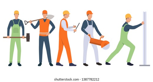 Set of foreman, builders and handymen working. Group of men wearing uniform and holding tools. Vector illustration for building work presentation slide, construction business