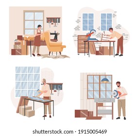 Set of foremen making furniture vector flat illustration. Group of carpenters assembles armchair, filling wooden table with acrylic, sawing wooden plank for making wooden furniture.