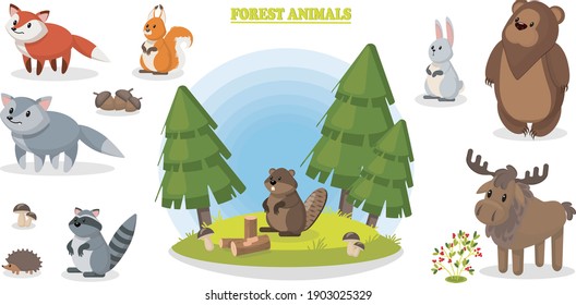 A set of forest 2D animals, forest location and food. Vector illustration. Grouped animals for a cartoon or game: fox, wolf, elk, bear, beaver, raccoon, hedgehog, hare, squirrel.