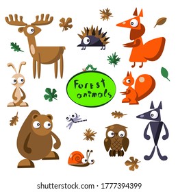 Set of forest animal in cute cartoon style: elk, fox, hedgehog, hare, bear, wolf, owl, squirrel, dragonfly and snail. Vector illustration.