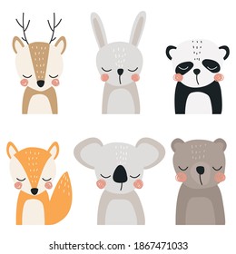 Set with forest and animal hare, deer, bear, Fox, Koala and Panda. Vector illustration in a modern cartoon style, for printing on packaging paper, postcard, poster, banner, clothing. 