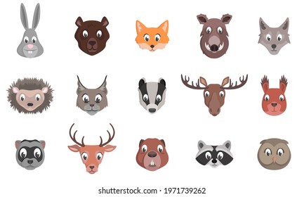 Set of forest animal heads. Characters in cartoon style.