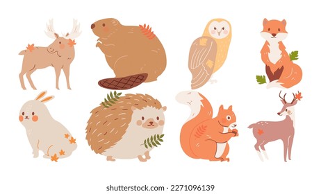 Set of forest animal vector icons. Contains such icons as moose, beaver, owl, fox, bunny, hedgehog, squirrel and deer  icon. Horizontal vector illustration. 