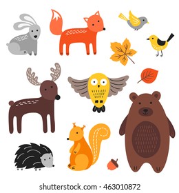 Set of forest animals, acorn and maple leaf on white background. Bear, fox, owl, deer, hedgehog, bird, hare, squirrel. Hand drawn design. Cartoon characters.