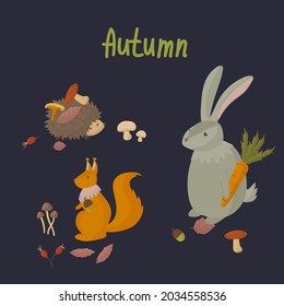 Set of Forest animals with autumn elements. Hare, Hedgehog, Squirrel forest illustration. Among the mushrooms and foliage for autumn design. Vector illustration